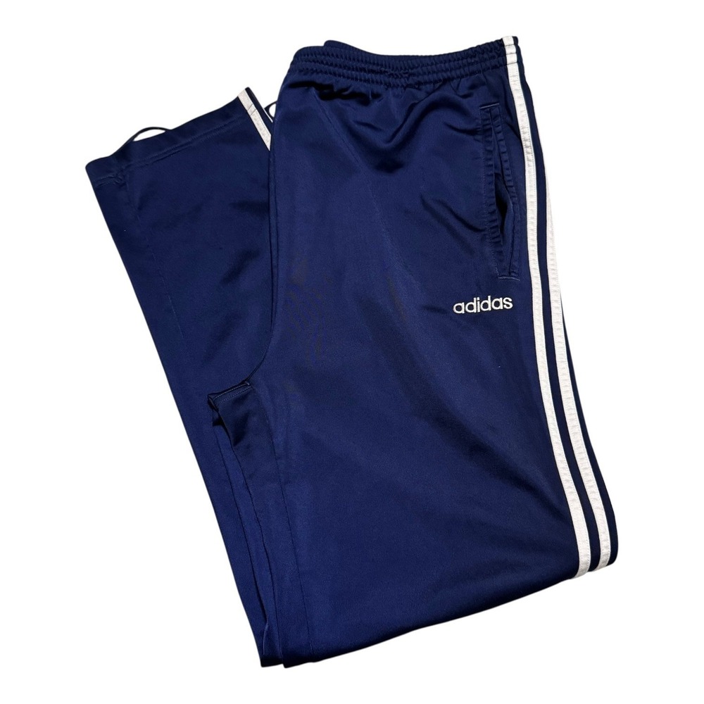 Vintage 90s Adidas Distressed Navy Blue Warm Up Snap Leg Track Pants Men's XL